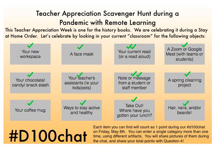 MsVega06's tweet photo. A4: Done! 12 out of 12, unless you count multiple pictures as more points. Send all the prizes my way! #D100chat https://t.co/hOJmq0fwmZ