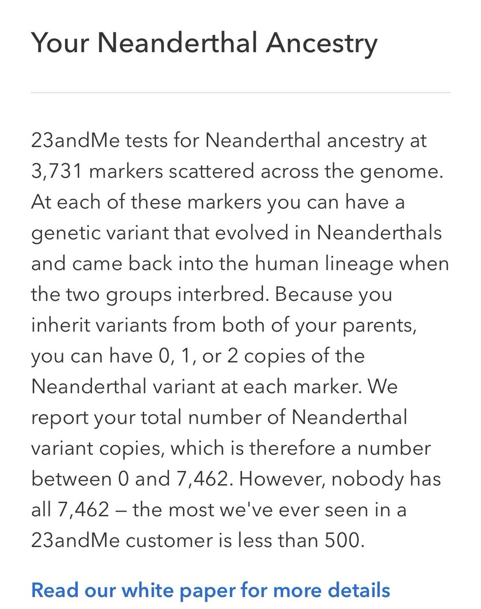 erinlyn028's tweet photo. however, so many of us have Neanderthal DNA in us because before early humans killed them off, they had intercourse with them ! #6thextinction #ees028 23andMe provides information on Neanderthal DNA, the photos linked are my results! Overall I have ~2% Neanderthal DNA! Super cool https://t.co/2qPFzULpBm