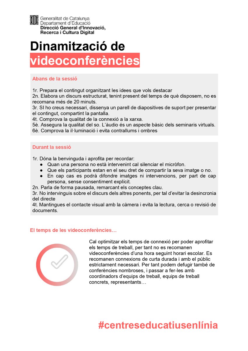 📺 Consells per a les videoconferències del professorat amb l'alumnat 👨‍💻

📽️ Fer comprovacions tècniques prèvies
📷 Recordar als alumnes els drets d'imatge
🗣️ Fer discursos estructurats d'un màxim de 20 minuts
📊 Compartir diapositives de suport

#CentresEducatiusEnLínia