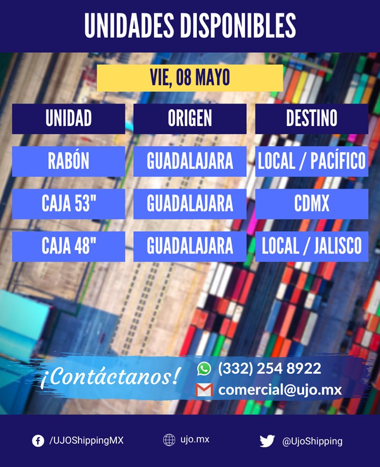 Agroforest_JAL's tweet photo. En estos tiempos de crisis, se necesitan empresas confiables! @UjoShipping tiene unidades disponibles para HOY Asegura tu carga mandando sólo un mensaje al 33 2254 8922
#UJOShipping #Disponibilidad #Viernes #08Mayo #Rabon #Caja48 #Caja53 #Guadalajara #Jalisco #Pacífico #CDMX https://t.co/iUEp8t7QNI