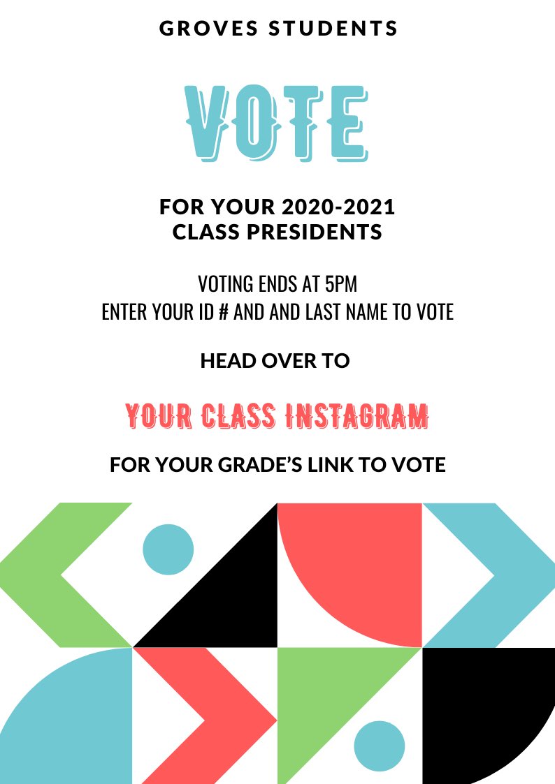 VOTE for next years Class Presidents today!! ⭐️

Junior Class Ballot (Senior Class Presidents):  tallyspace.com/5eb462c9be3dc
 
Sophomore Class Ballot (Junior Class Presidents): tallyspace.com/5eb46607c1d8f
 
Freshmen Class Ballot (Sophomore Class Presidents): tallyspace.com/5eb4674fc4682