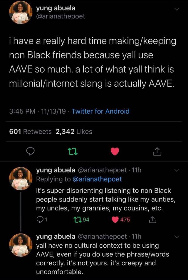 commonly used aave terms and related posts i found on the way (again i, personally don't think you have to stop saying woke and cool lmaooo but like pls stop stealing more aave im begging) honestly a quick google search is pretty accurate
