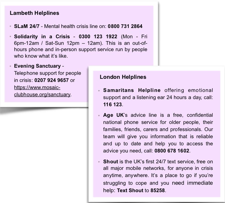BrixtonReel's tweet photo. Helplines for in case you or someone you know may need to talk.  @MosaicClubhouse @samaritans @ageuklondon https://t.co/end6Hp44zn