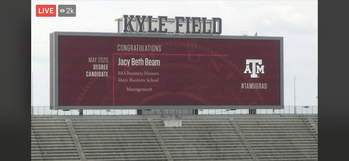 lbeam66's tweet photo. No graduation ceremony, but her name is on at Kyle Field ❤️ my Aggie #TAMUgrad ⁦@jacyxxbeam⁩ https://t.co/HA1wWNXGZ7