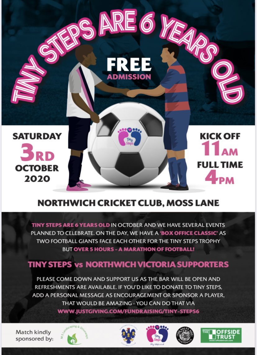We are 6 in October and we plan to celebrate.
In the day, a Tiny Steps team takes on a selection of supporters, management and ex players of <a href="/NorthwichVicsFC/">Northwich Victoria F.C</a> plus we are delighted that <a href="/OffsideTrust/">Offside Trust</a> ambassador @steven_walters4 join us..
You can donate here justgiving.com/fundraising/ti…