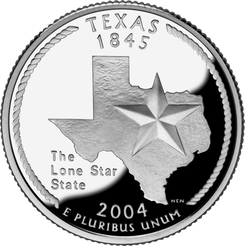 1/10 I expect the state quarters to tell me something I don't know about Texas, and this is exactly what I, who knows nothing about Texas, would put on a quarter about Texas