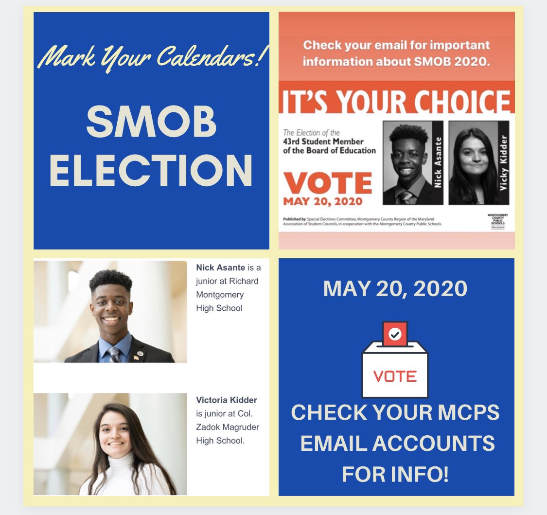 mcpsslu's tweet photo. SMOB elections are May 20!!!!! Have you checked your MCPS emails to learn more about the candidates and voting???? Check your .net accounts today! https://t.co/Uc4dJzIK4P