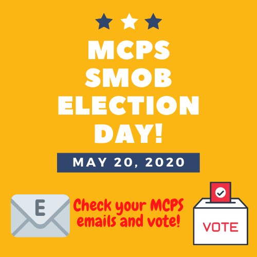 mcpsslu's tweet photo. SMOB elections are May 20!!!!! Have you checked your MCPS emails to learn more about the candidates and voting???? Check your .net accounts today! https://t.co/Uc4dJzIK4P