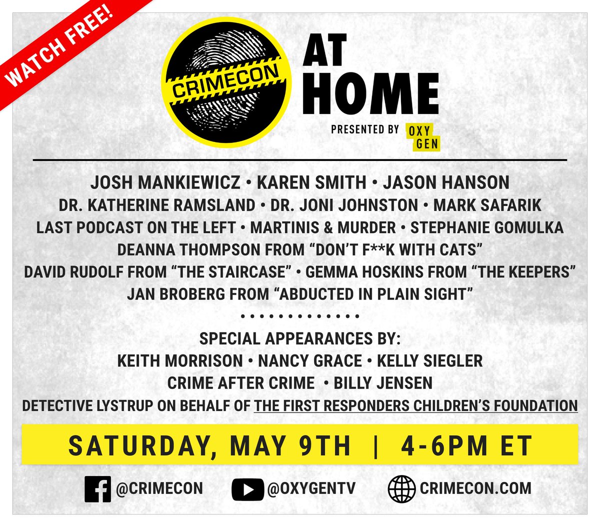 Join <a href="/jthrasher/">John Thrasher</a> and <a href="/carpedaryn/">Daryn Carp</a> this Saturday during <a href="/CrimeCon/">CrimeCon</a> @ Home! The FREE streaming event starts at 4pm EST. For more info on where to watch, visit: oxygen.tv/ccathome