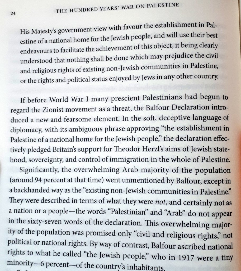 "In the soft, deceptive language of diplomacy, with its ambiguous phrase approving "the establishment in Palestine of a national home for the Jewish people", the declaration effectively pledged Britains support for Herlz's aims of Jewish statehood.. in the whole of Palestine"