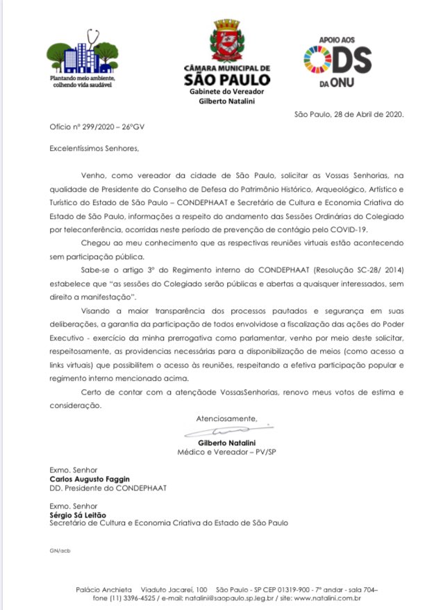 acbtj's tweet photo. Em DEFESA DO PATRIMÔNIO HISTÓRICO, ARTÍSTICO e AMBIENTAL do estado de #SP, Vereador Gilberto @gnatalini (PV-SP) envia oficio solicitando o RESPEITO ao regimento, + TRANSPARÊNCIA e GARANTIAS da PARTICIPAÇÃO popular durante as reuniões virtuais do #condephaat https://t.co/EGUs6M8Vze