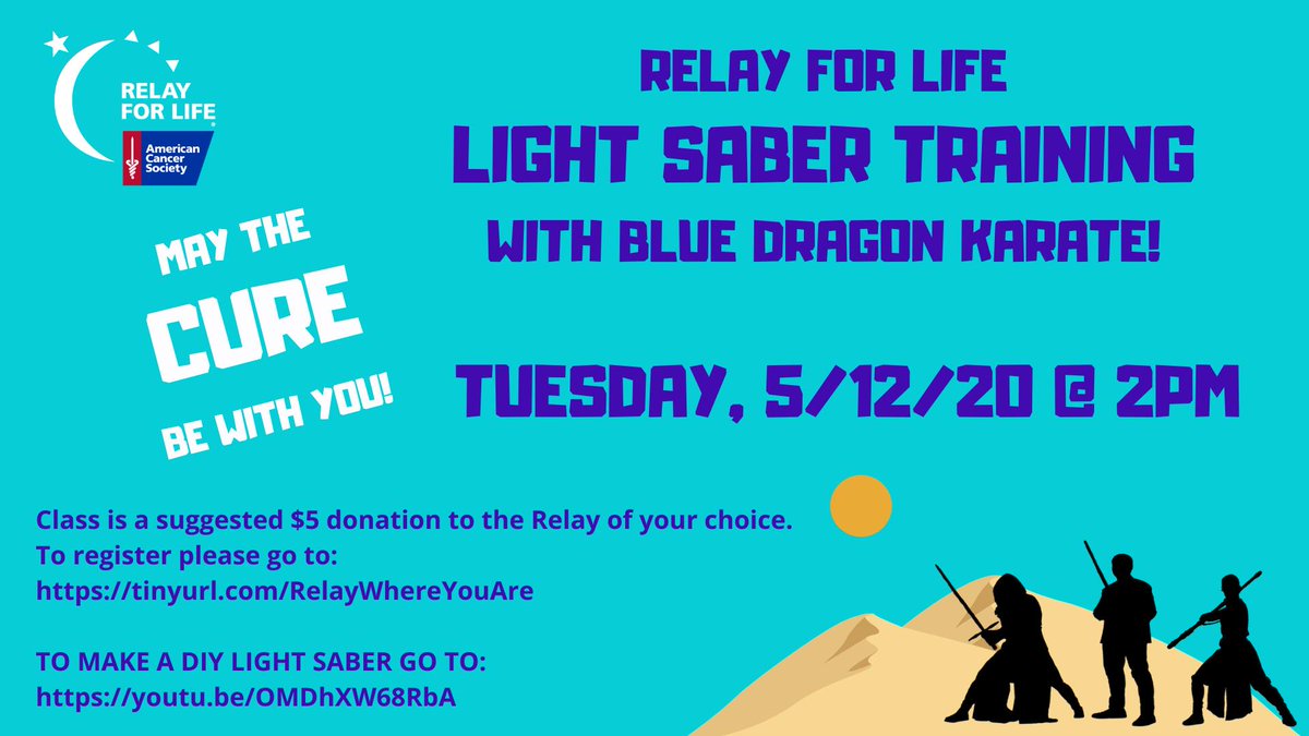 relay_nj's tweet photo. Need a fun way to exercise or an activity with your kids?  Join Light Saber Training presented by #BlueDragonKarateAcademy.  Release your inner Jedi and Support #RelayForLife of your choice. Register at: https://t.co/oFcdPUEgYI

DIY link in the comments. May the Cure be with you! https://t.co/FZ5paRatij
