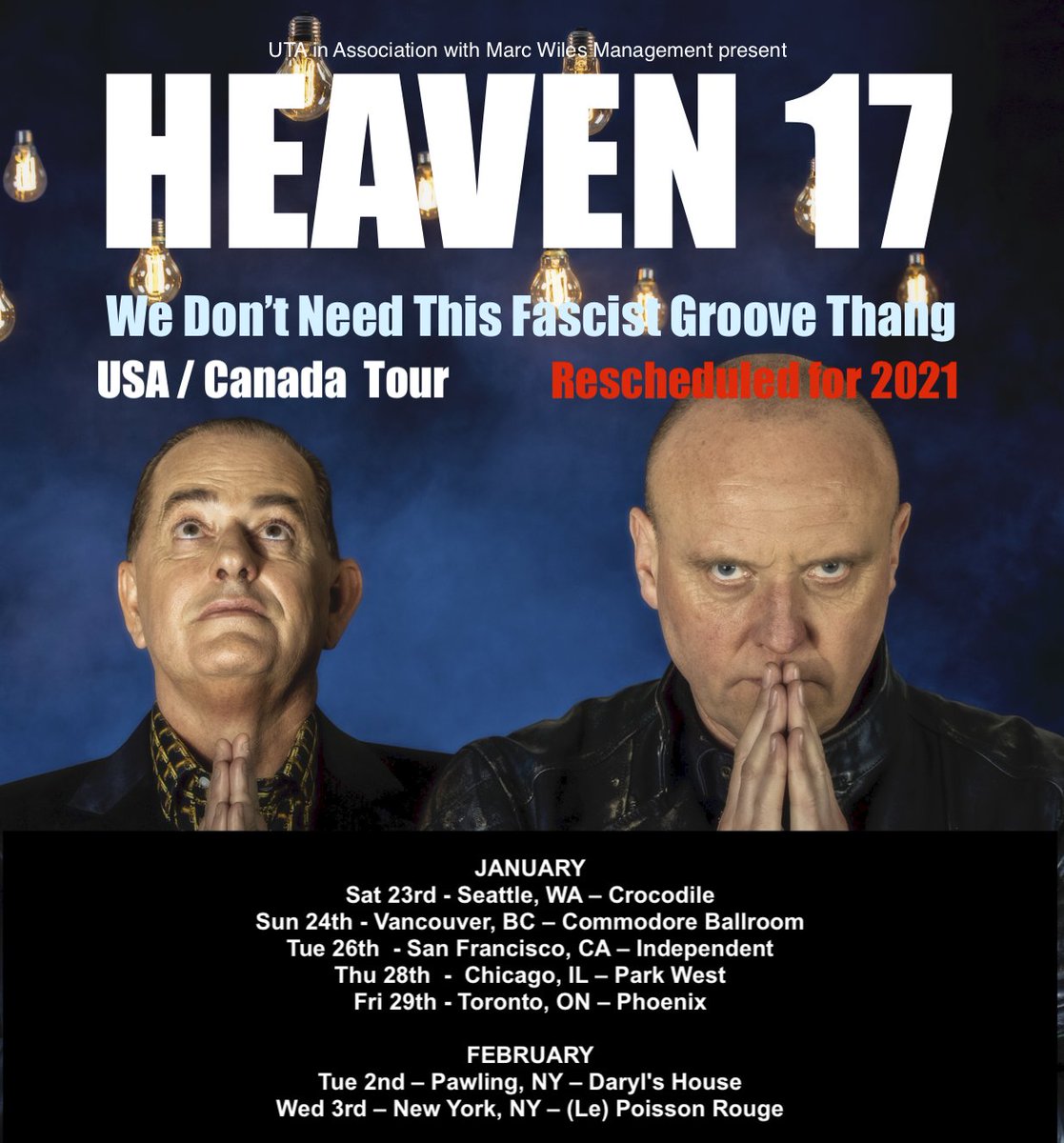 USA & Canada Reschedule: NB: Boston yet to confirm the new date (more news very soon), and due to demand, we had to change venues in Seattle & Toronto - previous tickets remain valid. Love to you all in these strange times, we look forward to seeing you all next year H17 xx