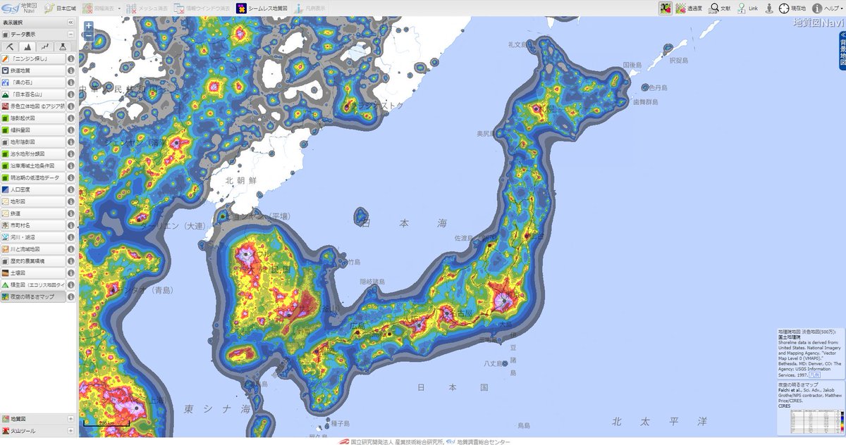 1484h's tweet image. 地質図Navi眺めてたら、「夜空の明るさマップ」なるものを見つけた。
gbank.gsj.jp/geonavi/geonav…