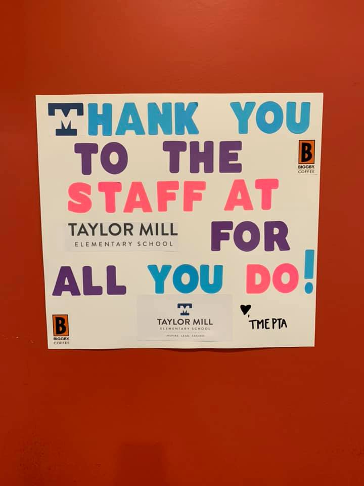 TaylorMillPTA's tweet photo. In the past, we spoiled our staff by feeding them well at the school for Staff Appreciation Week.  This year we are taking the staff to the food! Thank you TME Staff for ALL you do!  Thank you Biggby for partnering w/ us! #TMGenius #CelebratingResponsibly #6ftApart #SAW @TBiggby https://t.co/4EwlNYo6WL