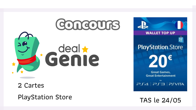 dealgenie_fr's tweet photo. #Concours DEAL GENIE : la 1ère appli de bons plans qui partage ses revenus entre utilisateurs

2 cartes Playstation Store de 20€ à gagner 
➡️Follow @dealgenie_fr + RT 
➡️tag tes amis pour les faire participer !!

TAS le 24/05 dans la soirée. Gagnants en commentaire

#JeuConcours https://t.co/vl92Ga2lry