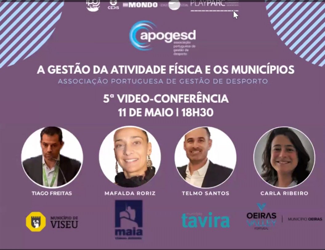 A Gestão da Atividade Física e  os Municípios" A APOGESD, a dar continuidade ao ciclo das sessões online, convida todos os interessados a participar na 5ª Video-Conferência, que terá lugar na próxima Segunda-feira, dia 11 de Maio, 18h30:
Inscreva-se em: forms.gle/dMdqrUCfs5Pdoe…