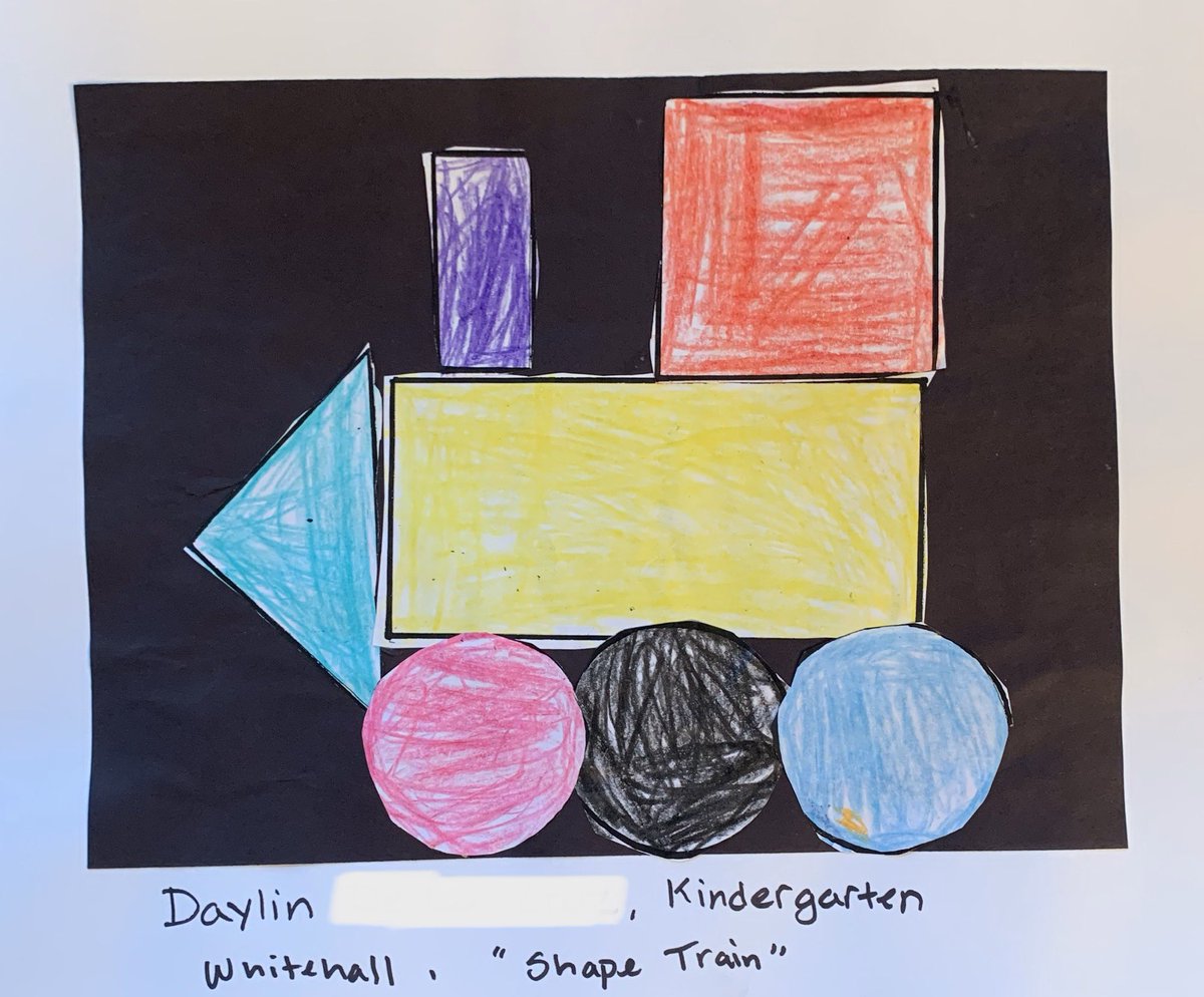 WhitehallART's tweet photo. Kindergarten learned to draw and cut shapes with these shape trains. @WhitehallNASD #nasdproud https://t.co/MZVbrL5mZD