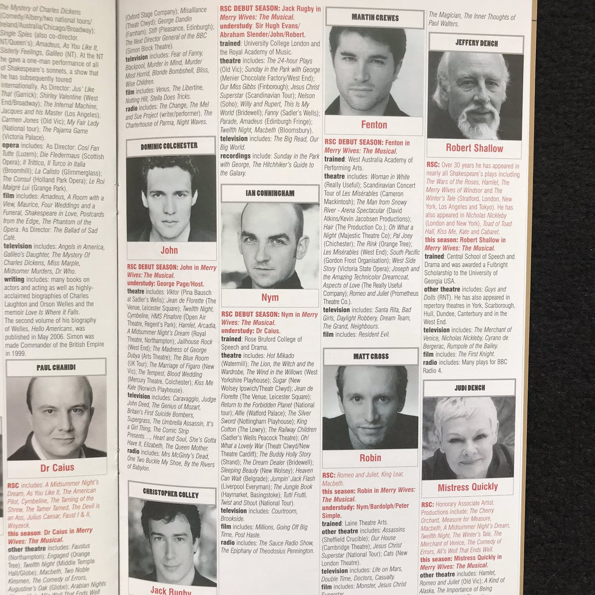 Stes_Adventures's tweet photo. Today’s RSC programme is #MerryWivesTheMusical from 2006. Starring #SimonCallow and #JudiDench with #AlistairMcGowan #JefferyDench #PaulChahidi #HaydnGwynne #AlexandraGilbreath #AnnaLowe #SimonTrinder . #MerryWivesofWindsor #TheRSC #Rsc https://t.co/SifA6H9kmH