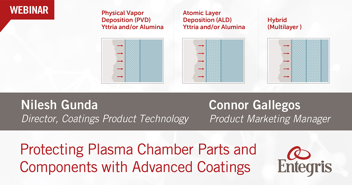 Entegris's tweet image. Join Connor Gallegos, Product Mgr. &amp;amp; Nilesh Gunda, Dir. Coatings Product Technology in this webinar as they share the importance of #advancedcoatings for chamber parts &amp;amp; components &amp;amp; 3 successful coating methods. hubs.ly/H0q96v10. #atomiclayer #semiconductor #chemicalvapor