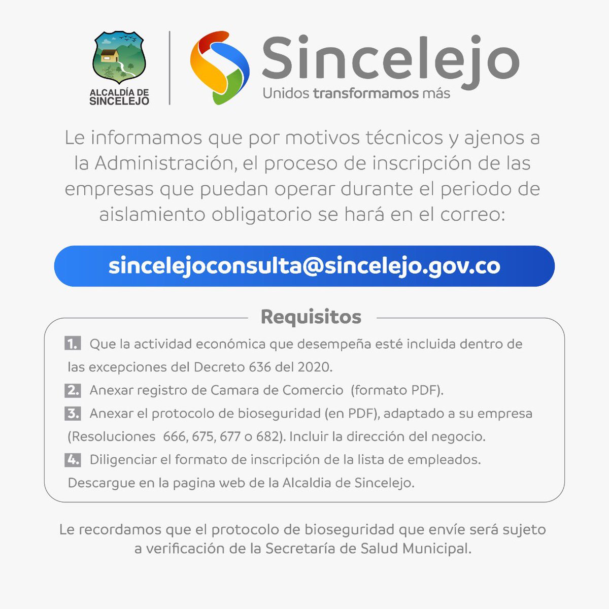 alcaldiasljo's tweet photo. Te mostramos los requisitos para que tu empresa pueda reiniciar actividades. Recuerda que solo pueden operar las autorizadas en el Decreto 636 de 2020, expedido por Presidencia de la República. En nuestra página encontrarás el formulario que debes diligenciar y enviar. https://t.co/WCsAcc2gaU