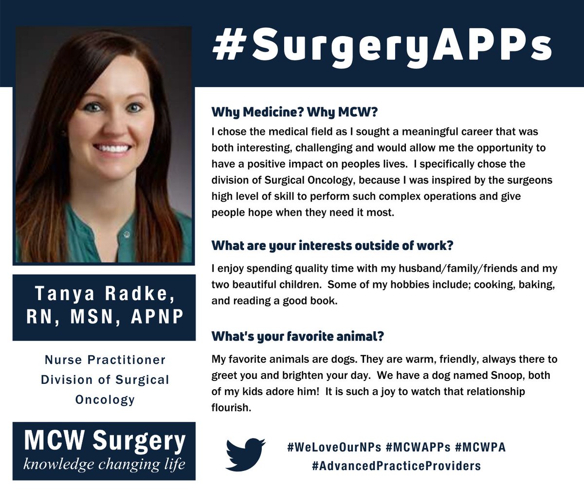 MCWSurgery's tweet photo. On Fridays we like to honor our faculty and staff.😎Today's #SurgeryAPPs feature is Nurse Practitioner Tanya Radke from @mcwsurgonc! Tanya likes to spend her time outside of work with her family and her dog Snoop. Thanks for being on our team, Tanya!

#LeadingTheWay #WeLoveOurNPs https://t.co/ohg8PcaSLV