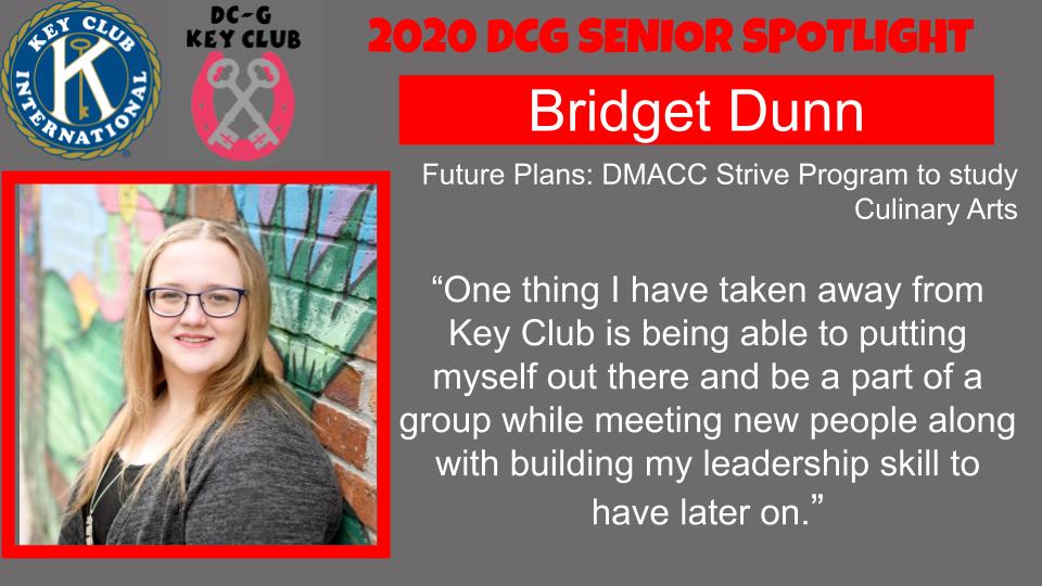 DCGKeyClub's tweet photo. Today's senior shout out is for Bridget Dunn! Bridget's compassion for others is one of her greatest strengths! Thanks for being a part of our club these past few years Bridget! https://t.co/YFr4w0SHDb