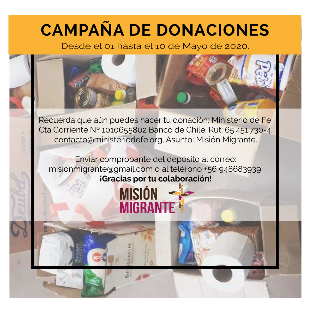 MisionMigrante's tweet photo. ¡Querida comunidad! Hasta este 10 de mayo puedes colaborar. Con tu donación, compraremos mercadería y artículos de higiene para apoyar a familias migrantes en situación de dificultad económica. Seamos solidarios y compasivos. Datos para transferir en la descripción. https://t.co/sQlvGR2ll6