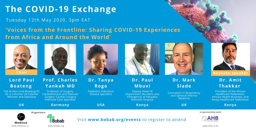 We've got a fantastic line up for the first webinar in the COVID-19 Exchange series, delivered in partnership with <a href="/MedixusHealth/">Medixus </a>, taking place on 12/05 at 3.00pm EAT (1.00pm GMT).

Visit bobab.org/events to register to attend

#COVID19 #ScienceAfrica #sharelearnings