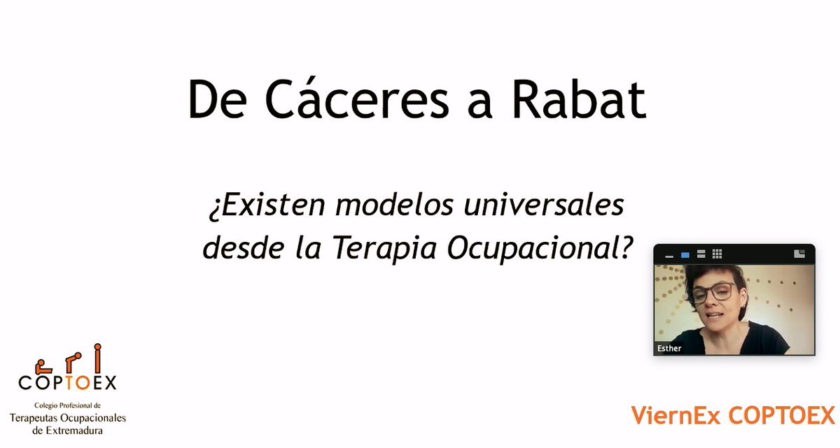 pabloacg's tweet photo. Es genial escuchar la llamada a la oración mientras Esther Domínguez habla desde Rabat de su trabajo como terapeuta ocupacional y nos hace reflexionar sobre los modelos que sostienen nuestras miradas y nuestras prácticas. #ViernEx #TerapiaOcupacional https://t.co/nmVDlZWjEx