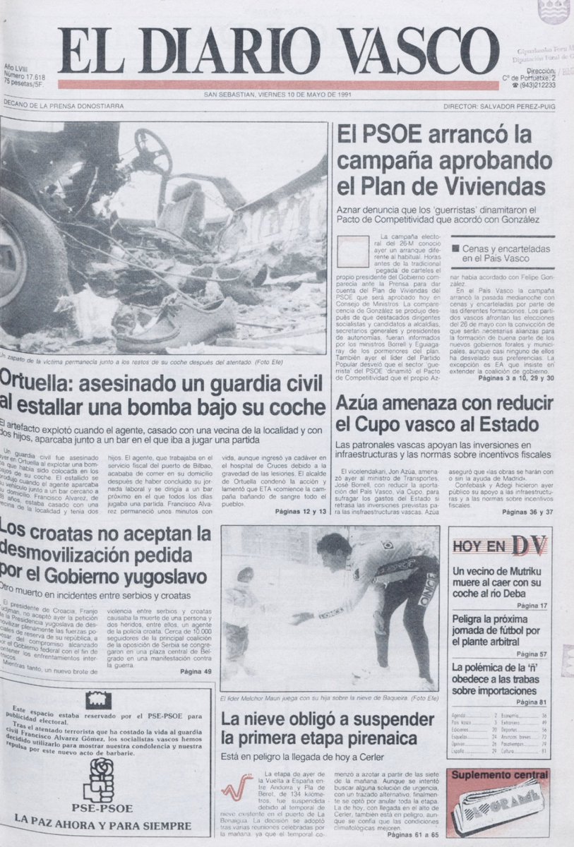 MemorialVT's tweet photo. Recordamos al agente de la @guardiacivil FRANCISCO ÁLVAREZ GÓMEZ asesinado por ETA-m en Ortuella, 9 mayo 1991. Al subir a su coche se activó una bomba-lapa. La explosión arrancó el techo del vehículo y lanzó el cuerpo del guardia hacia las vías del ferrocarril, a varios metros. https://t.co/S300H75n57