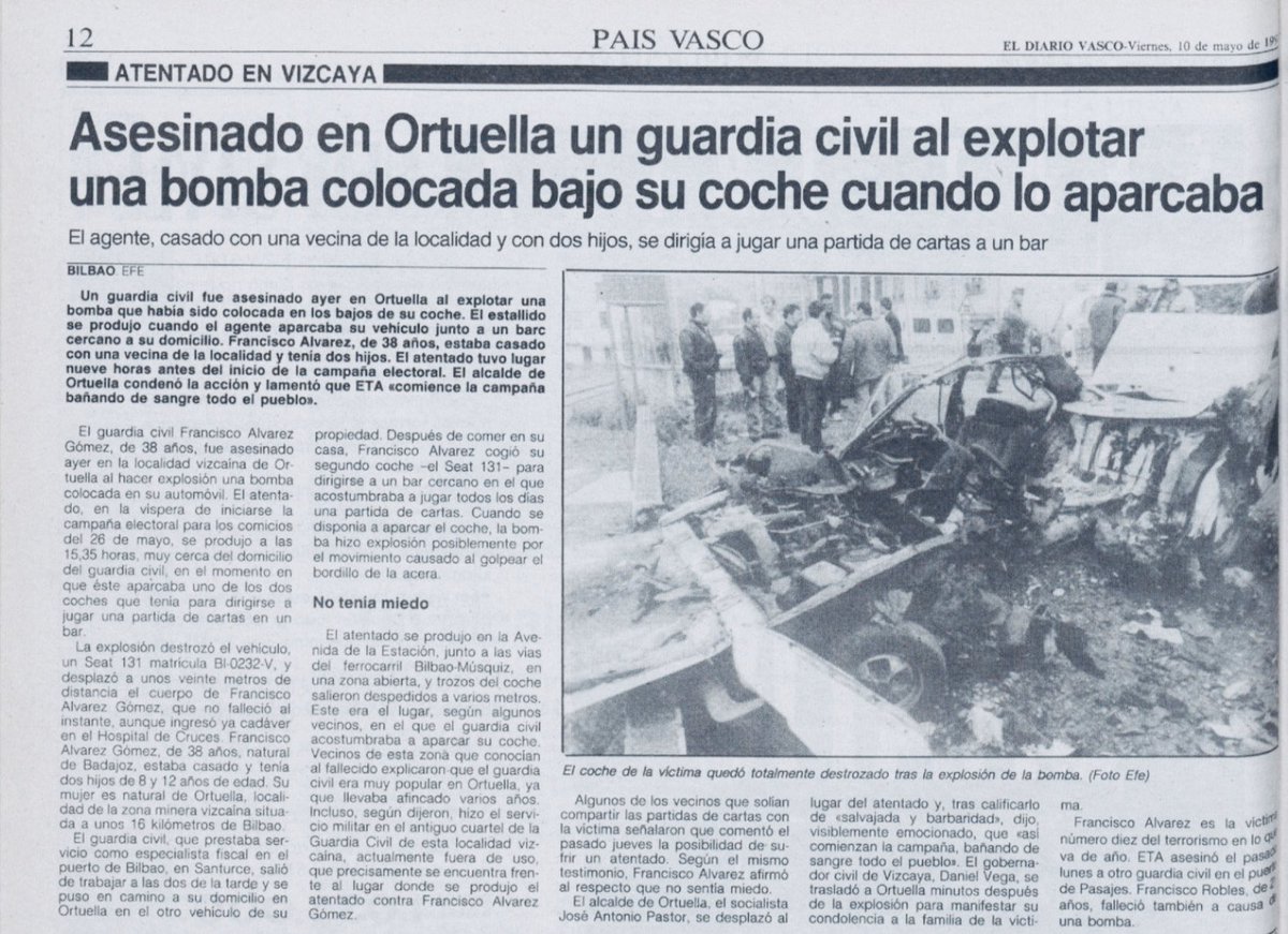 MemorialVT's tweet photo. Recordamos al agente de la @guardiacivil FRANCISCO ÁLVAREZ GÓMEZ asesinado por ETA-m en Ortuella, 9 mayo 1991. Al subir a su coche se activó una bomba-lapa. La explosión arrancó el techo del vehículo y lanzó el cuerpo del guardia hacia las vías del ferrocarril, a varios metros. https://t.co/S300H75n57