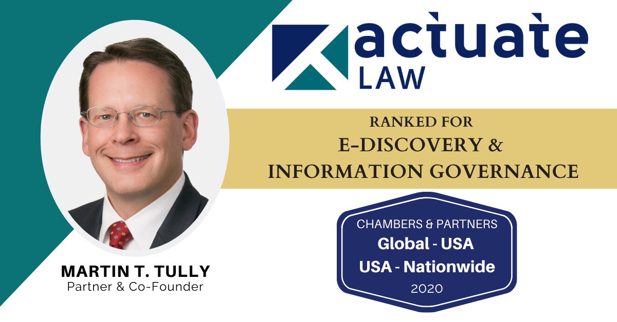 <a href="/ActuateLaw/">actuatelaw</a> proudly congratulates partner &amp; co-founder <a href="/MartinTully/">Martin Tully</a> for once again being ranked by Chambers &amp; Partners for “E-Discovery &amp; Information Governance” in both the Global-USA and USA-Nationwide categories.
 bit.ly/2xK7bas
