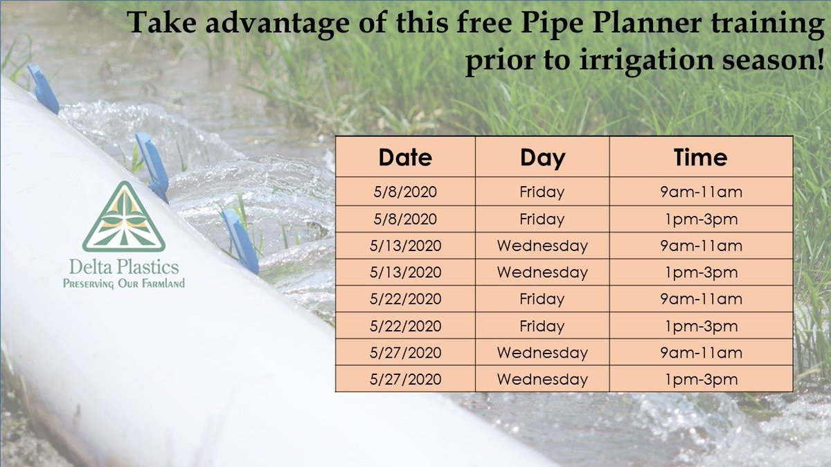 GeauxWater's tweet photo. Irrigation costs money.  Why waste money by irrigating inefficiently?  Check out these Pipe Planner webinars to get help! It's not too late! https://t.co/n4OvOqwQ5Q