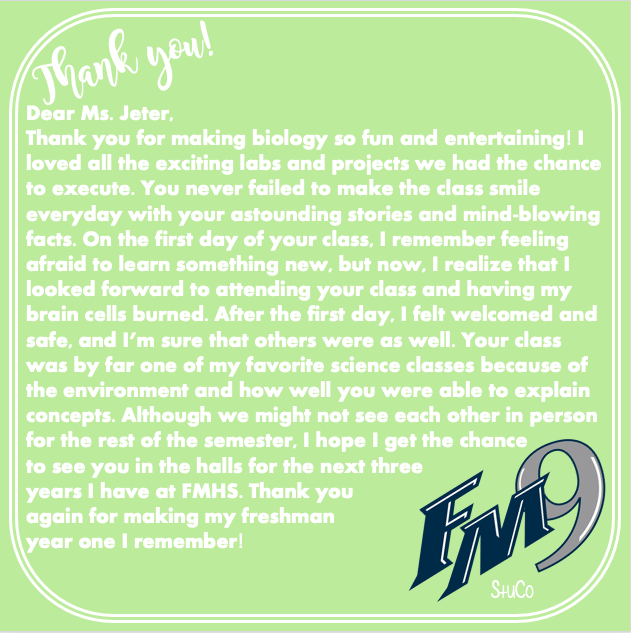 FM9_StuCo's tweet photo. Today may be the last day of #TeacherAppreciationWeek2020 , but we appreciate you every day! Words don't fully express how much our teachers mean to everyone! Thank you! @FMHS9 1/3 https://t.co/k9KIi2icBJ