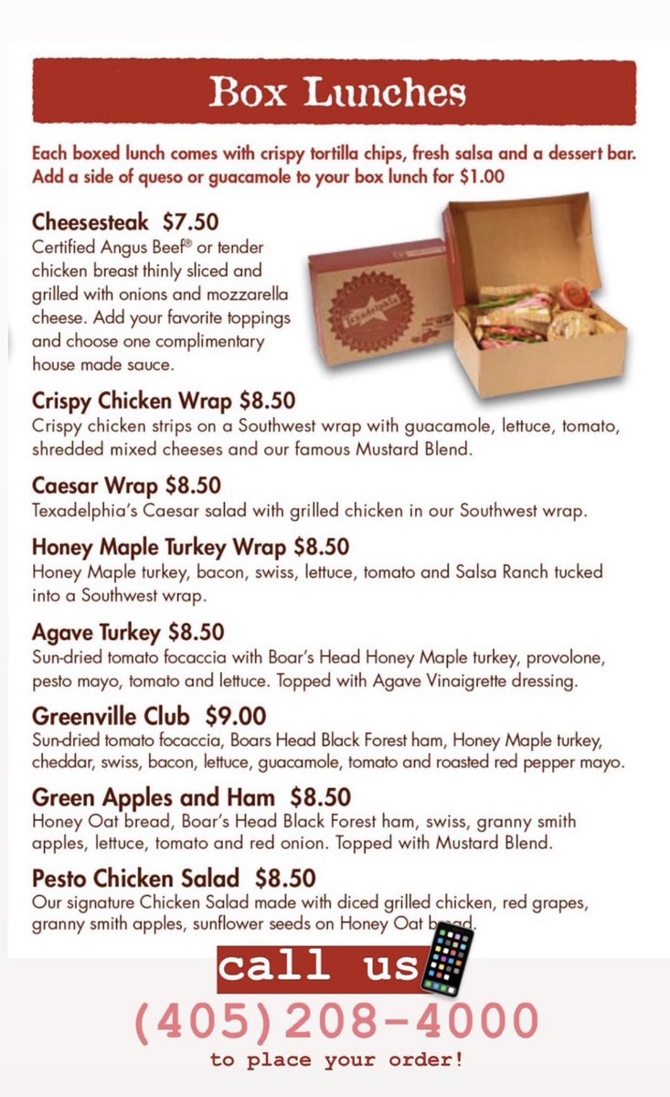 Happy Friday OKC‼️ Order your boxed lunches for your team just in time for lunch break 🙌🌯 View the full box lunch menu below, then give us a call to place an order 405.208.4000🤳🏼 #tdelphtogo #okccurbside