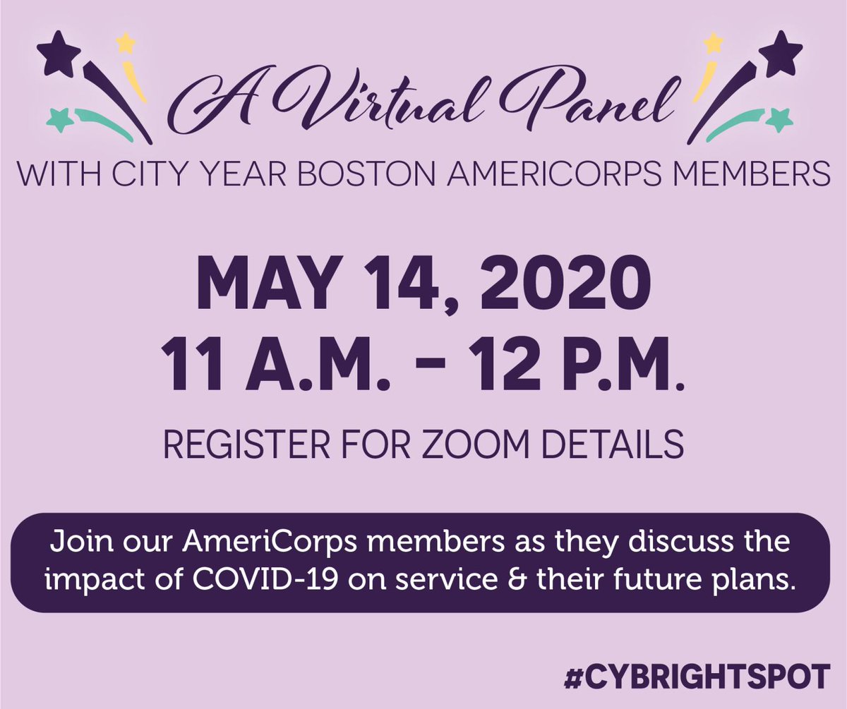 kafklinteberg's tweet photo. Join City Year #Boston as we convene a virtual panel discussion with current AmeriCorps members to discuss the impact of #COVID19 on service &amp; their plans after service. RSVP: https://t.co/LdNi90LZ5K
#CYBrightSpot https://t.co/YfjTbJOCwA