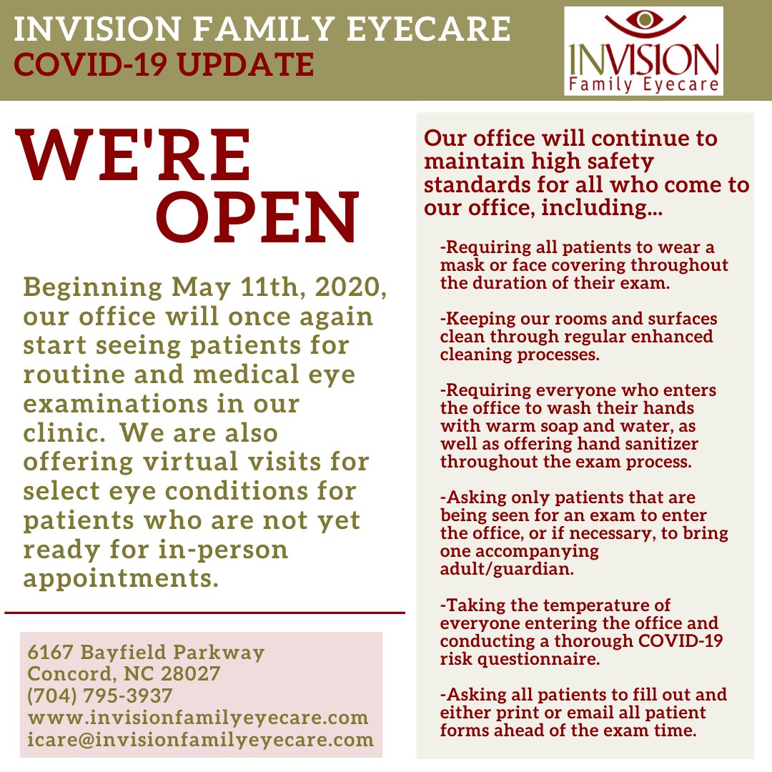 InvisionFamilyE's tweet photo. WE’RE OPEN!!! Please continue to maintain social distancing of at least 6ft from others and keep up the good hygiene as North Carolina begins phase one openings. Health and safety is the most important thing during this time! https://t.co/KAuxPYaCh9