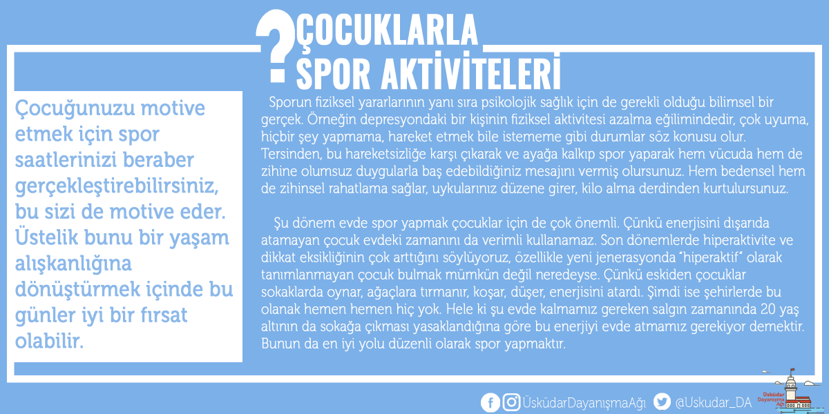 Üsküdar Dayanışma Ağı gönüllü psikologumuz çocuklarla spor aktivitelerine dair yazdı. 👇
"Çocuğunuzu motive etmek için spor saatlerinizi beraber gerçekleştirebilirsiniz, bu sizi de motive eder."
#DayanışmaYaşatır