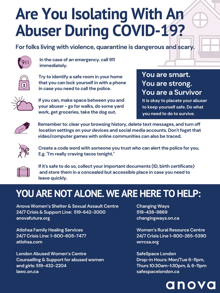 Not everyone is safe at home. Please share this infographic to help us reach those who may be stuck at home with an abuser. 
Take care of yourselves, and take care of one another. <a href="/_ChangingWays/">Changing Ways</a> <a href="/atlohsa/">Atlohsa</a> <a href="/WRRCStrathroy/">Women's Rural Resouce Centre</a> @endwomanabuse <a href="/SafeSpaceLondon/">SafeSpace London</a>
