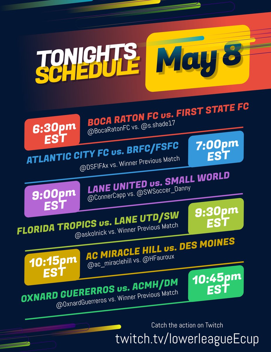 lowerleagueEcup's tweet photo. Matchday #36!

It's the second night of knockout stage action! Six more matches on the schedule tonight!

Action kicks off at 6:30 Eastern with a matchup between @BocaRatonFC and @FirstStateFC! https://t.co/PJUMj7yWuY