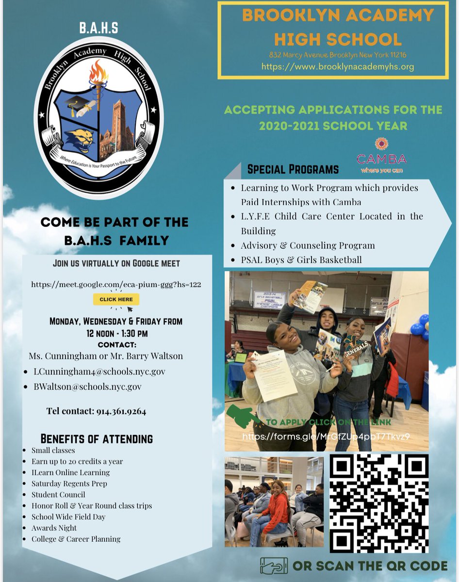Brooklyn Academy HS is currently accepting applications for the 2020-2021 SY #nycdoe #access #citywide #transferhighschools #championsforchildren #brooklyn #nyc