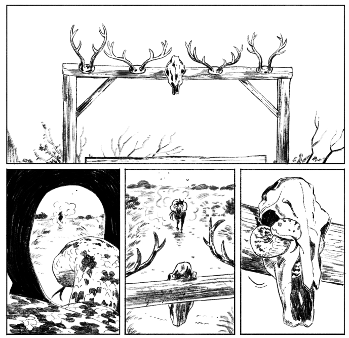 A snake coiled inside the sun-bleached skull that hung over the gate, watching their approach #saltmagic 