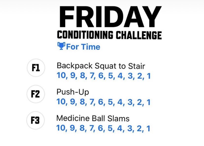 Friday Finisher challenge for ya! Complete the descending ladder as quick as possible. 10 reps of everything, then 9, all the way down to 1! Check out @nextlevelrochester story to log your time and see how you stack up against other athletes from around the area! <a href="/CCCSDathletics/">CCCSD Athletics</a>