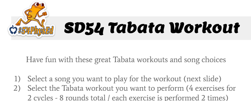 Mr_Niepomnik_PE's tweet photo. Hello @D54schools @EaglesAldrin @pta_aldrin  families, try today's #54PhysEd V-Challenge.  Please try out these great Tabata Workout slides and awesome music choices with it.  Have fun SD54!!! https://t.co/fW1ReZpq7E https://t.co/5FU37Qhr9U