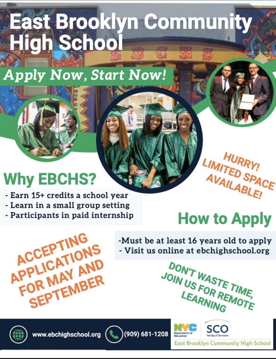 East Brooklyn Community HS is accepting applications for the current SY and 2020-2021. Join their Virtual Open House every Wed! #nycdoe #access #citywide #transferhighschools #championsforchildren #brooklyn #nyc