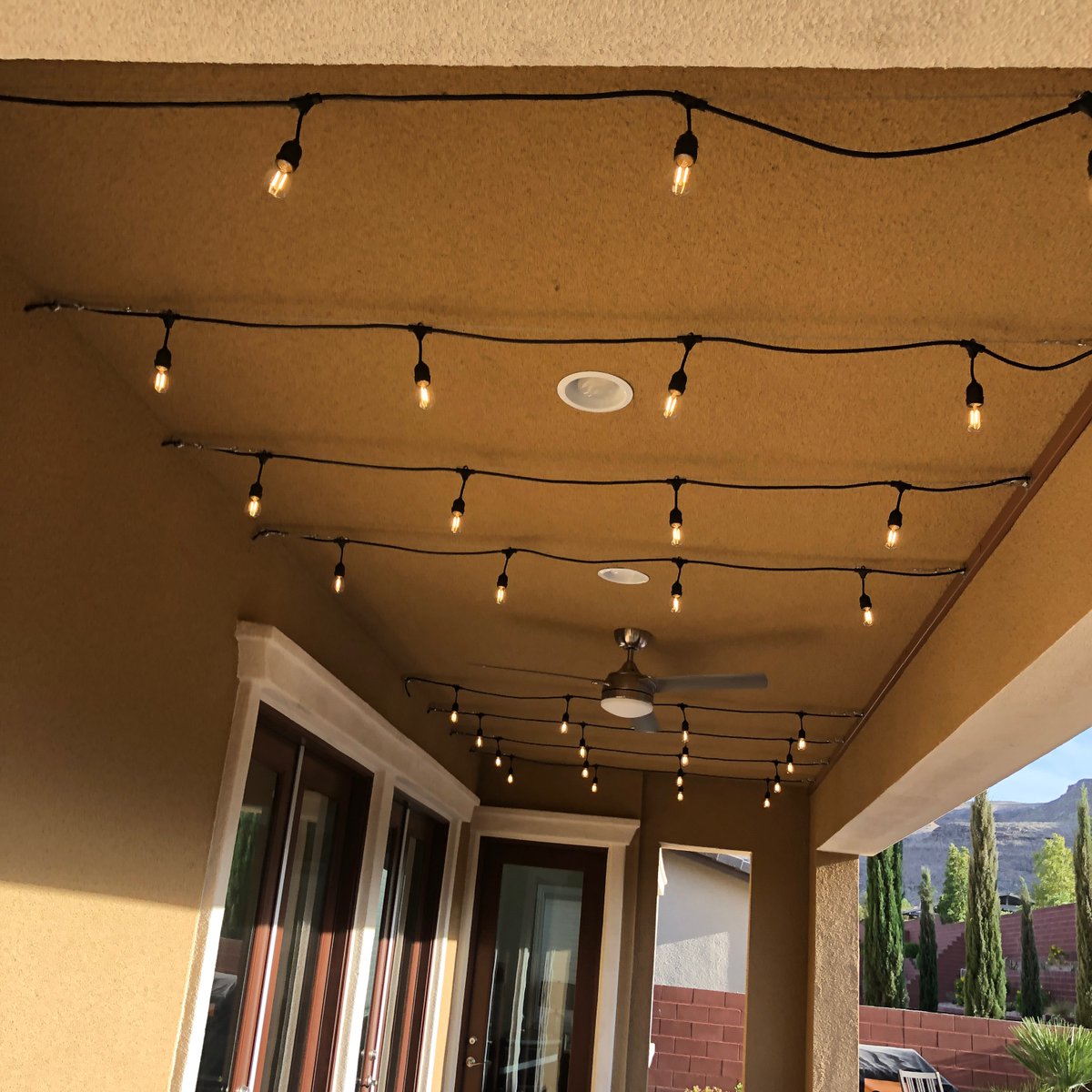 TwilightVegas's tweet photo. Yesterday’s patio string lighting project done in low voltage with a fabricated wire raceway, steel cable suspension and tensioners.
#summerlinlv #landscapelighting #lasvegas #patiostringlighting https://t.co/55tI51ginu