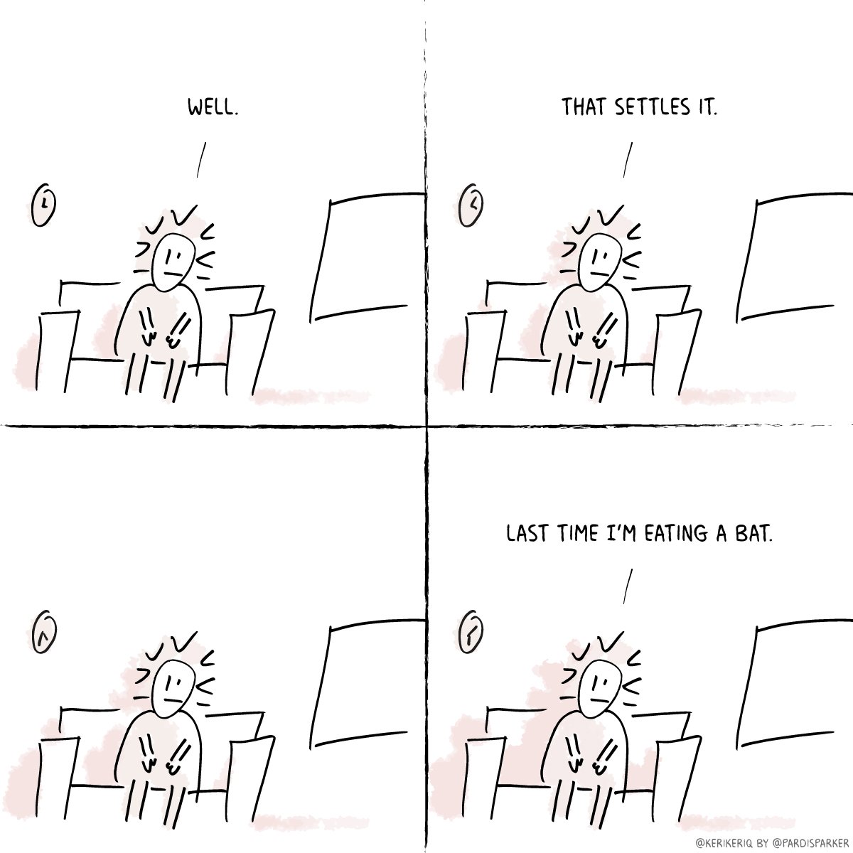 kerikeriq's tweet photo. Keri Keri Q #13

Well.
@kerikeriq by @pardisparker
https://t.co/yZbpTxayez

#kerikeriq #funny #comic #comics #webcomic #webcomics #comix #webtoon #quarantine #covid19 #coronavirus #funnymemes #relatable #settled #last #time #eating #bat #regret #remorse #resolution https://t.co/n4TLBTYx0w