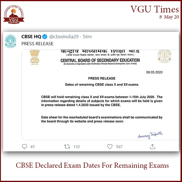 JaipurVgu's tweet photo. The Central Board of Secondary Education (CBSE) announced dates for pending class X, XII board examinations, which were postponed due to corona-virus pandemic. Issuing a notification, the board said that the remaining papers of class X and XII will be held between July 1- 15. https://t.co/PP0T6k59AI