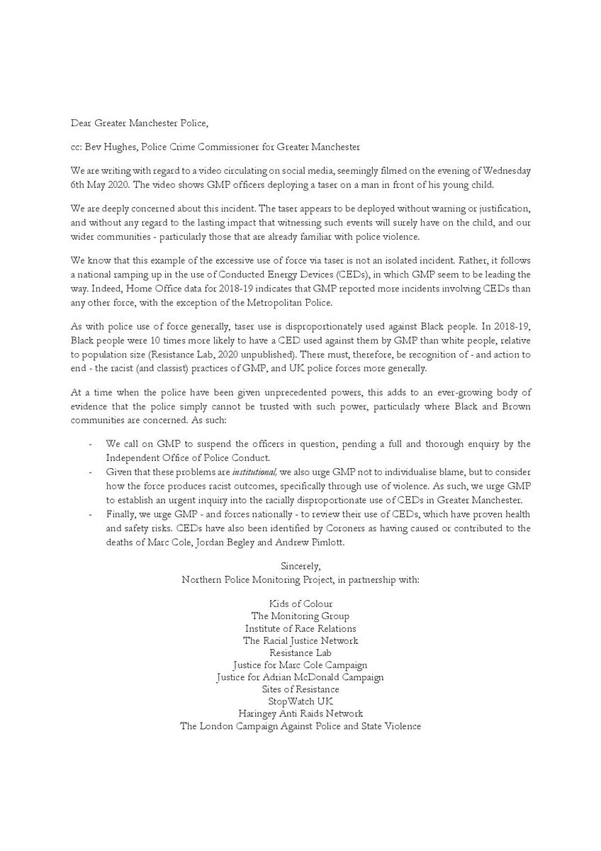 Along with several other groups - we have today written to @gmpolice and  the PCC @DeputyMayorofGM to express our grave concern about a video  currently circulating. The video appears to shows GMP